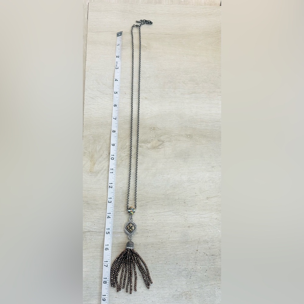 Silver-Tone Brown Tassel Pendant Necklace - Picture 4 of 4